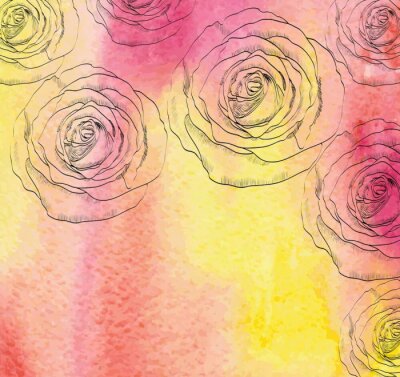 Fototapete Skizze von Rosen auf einem Aquarell-Hintergrund