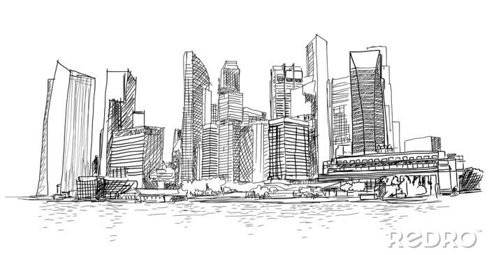 Fototapete Skizze von Singapur Marina Bay im Vektor.