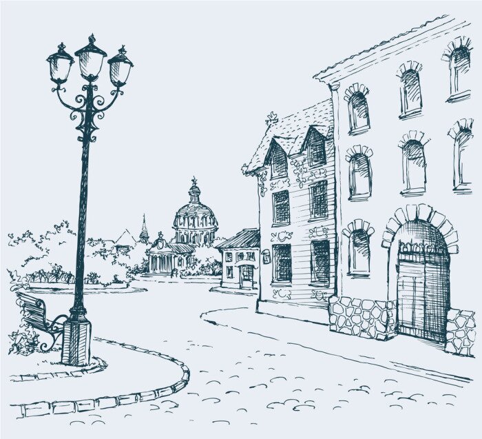 Fototapete Skizzierte Laterne bei Gasse