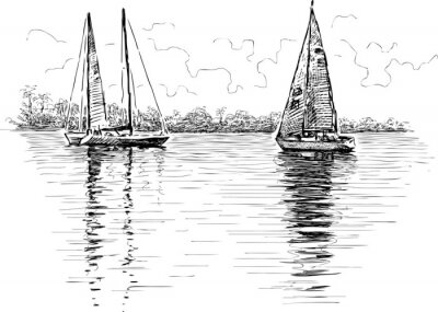 Fototapete Skizzierte Segelboote auf Wasser