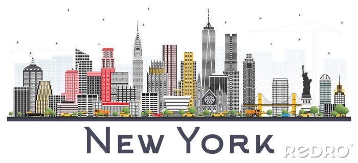 Fototapete Skyline New York USA mit den grauen Wolkenkratzern lokalisiert auf weißem Hintergrund.