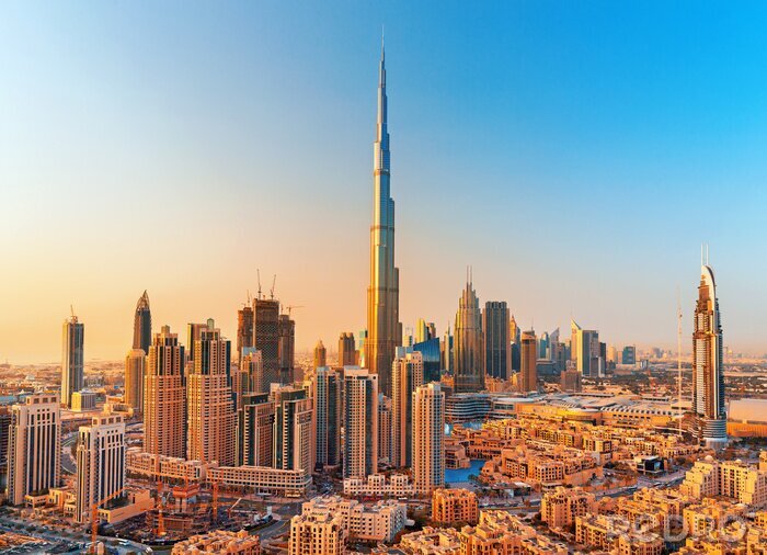Fototapete Skyline von Dubai mit dem Wolkenkratzer Burj Khalifa