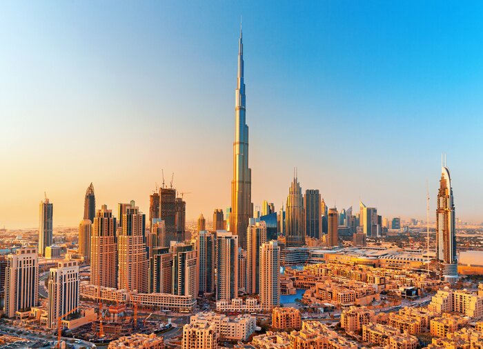 Fototapete Skyline von Dubai mit dem Wolkenkratzer Burj Khalifa