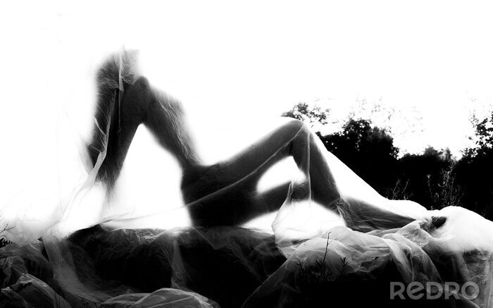 Fototapete Slender nude girl, covered by a cellophane film, through which only her silhouette is visible and her nakedness is covered, in the ruins of a destroyed building. Conceptual, artistic, creative design.