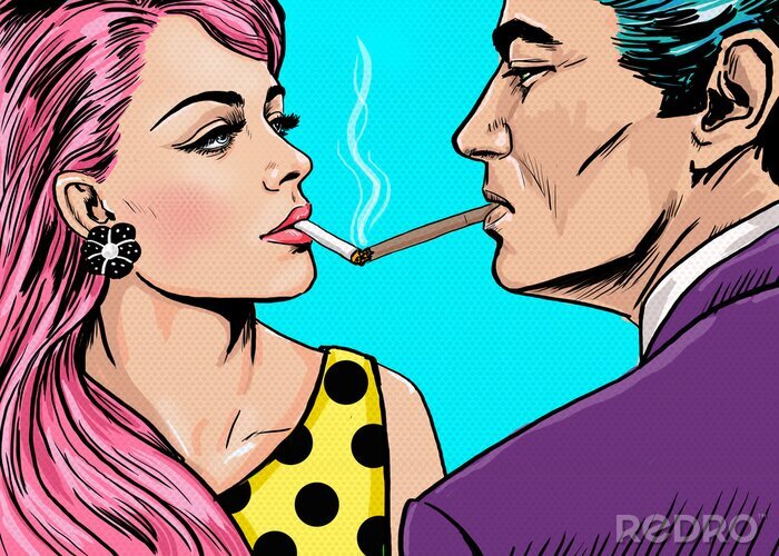 Fototapete Smoking couple in Pop Art style.Love couple.Pop Art Couple.Pop Art love.Valentines day postcard.Hollywood movie scene.Real love.Movie poster.Comic book love.Party people looking into each others eyes