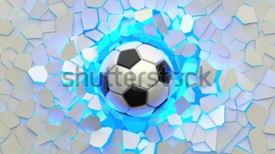 Fototapete Soccer ball crash blue lighting white wall. The wall was cracked. 3D illustration. 3D high quality rendering.
