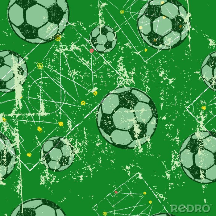 Fototapete Soccer or football, seamless pattern background, tactics diagram, soccer balls, grunge style