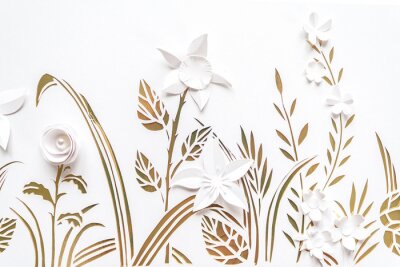 Fototapete Sommer blühende Wiese. Weiße Blumen aus Papier auf einem weißen und goldenen Hintergrund geschnitzt.