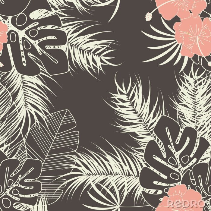Fototapete Sommer nahtlose tropischen Muster mit monstera Palmblätter, Pflanzen und Blumen auf braunem Hintergrund