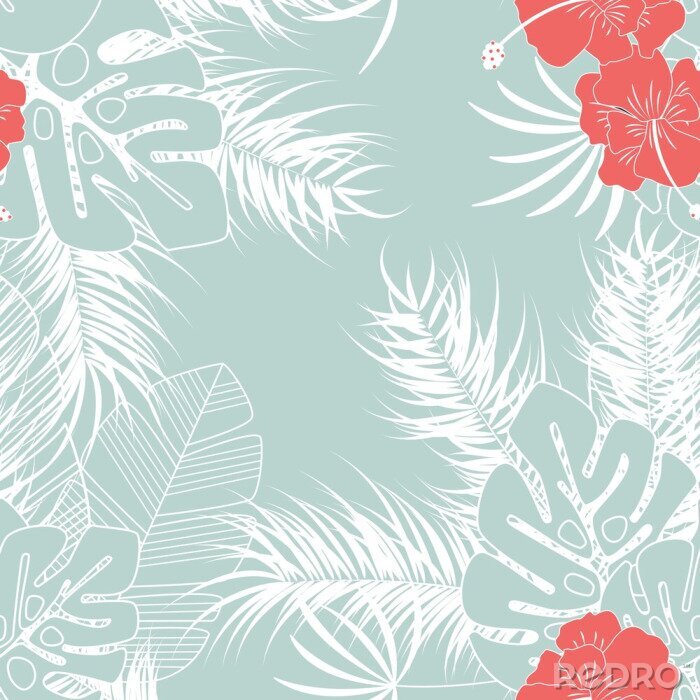Fototapete Sommer nahtlose tropischen Muster mit monstera Palmblätter und Blumen auf blauem Hintergrund