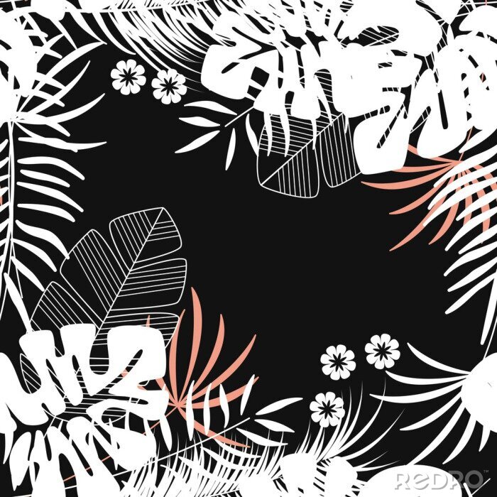 Fototapete Sommer nahtlose tropischen Muster mit monstera Palmblätter und Pflanzen auf dunklem Hintergrund
