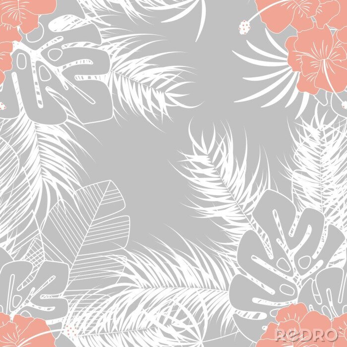 Fototapete Sommer nahtlose tropischen Muster mit monstera Palmblätter und Pflanzen auf grauem Hintergrund