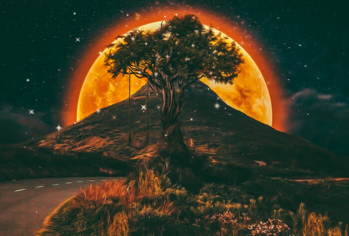 Fototapete Sonne in Flammen hinter einer Berglandschaft