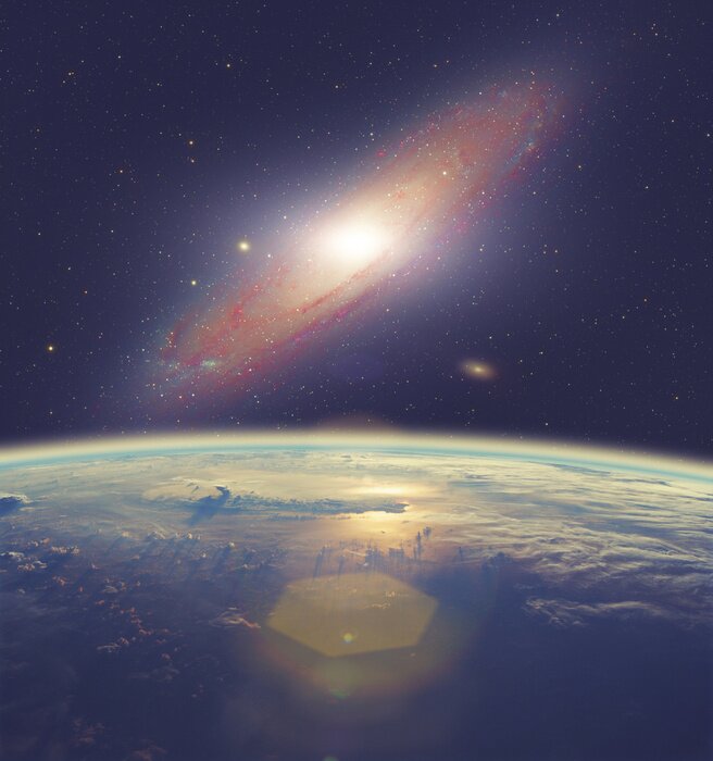 Fototapete Sonnenaufgang über der Erde mit Blick auf die Galaxie