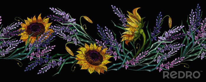 Fototapete Sonnenblumen und Lavendel auf schwarzem Hintergrund
