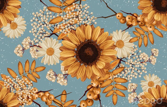 Fototapete Sonnenblumen und Pflanzen auf blauem Hintergrund