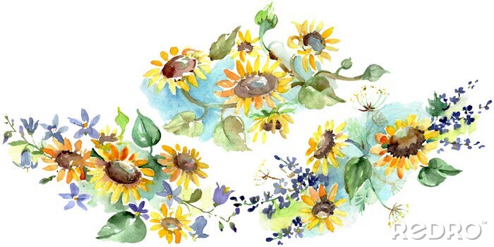 Fototapete Sonnenblumensträuße und Elemente in Blau und Violett