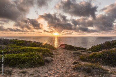 Fototapete Sonnenuntergang am malerischen Strand von Scivu - Sanddünen mit Myrtenvegetation mit dem Ozean im Hintergrund und den sonnenverwöhnten Wolken, Sardinien, Italien