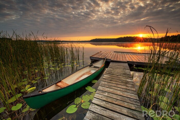 Fototapete Sonnenuntergang, Boot und See
