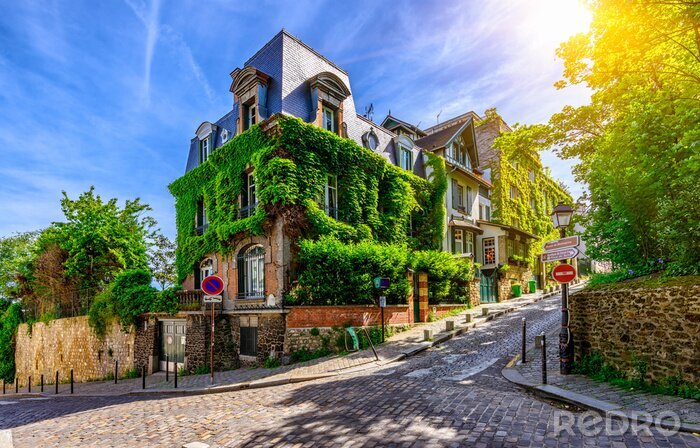 Fototapete Sonnige Häuser in Sonnenstrahlen in Montmartre