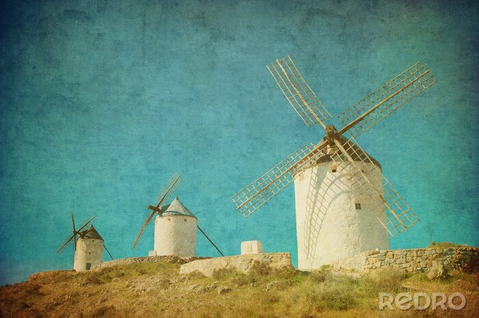 Fototapete spanische Windmühlen in Vintage-Tönen