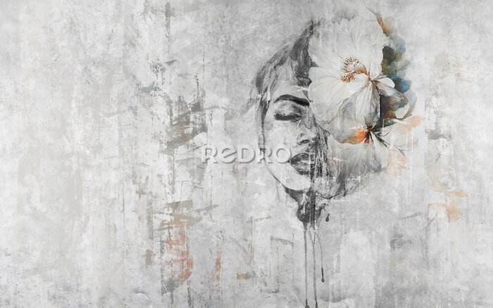 Fototapete Spectacular watercolor woman face with white flower. Digital art 3D illustration.