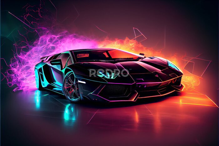 Fototapete Sportwagen auf neonfarbenem Hintergrund
