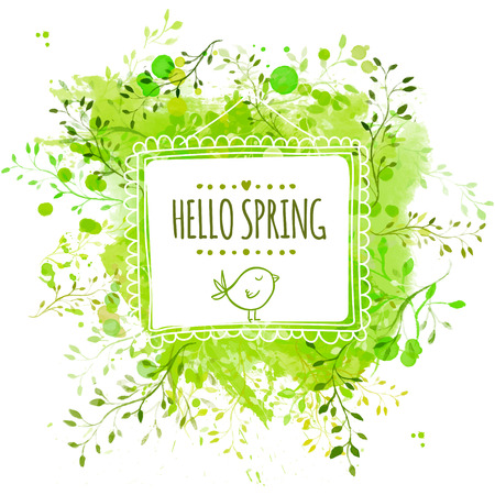 Fototapete Square frame with doodle bird and text hello spring. Green watercolor splash background with leaves. Artistic vector design for banners, greeting cards, spring sales.