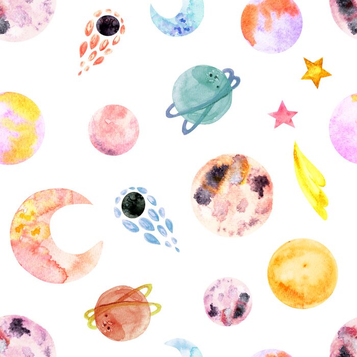 Fototapete Stars in night sky background, space watercolor pattern. Space Galaxy constellation seamless pattern.hand drawn cosmic elements.