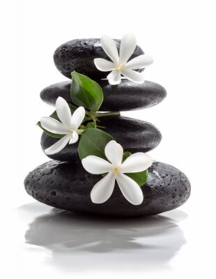 Steine Zen mit Blumen und Blättern verziert
