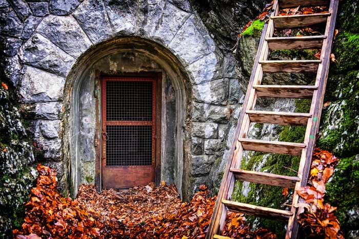 Fototapete Steinmauer im herbstlichen Garten