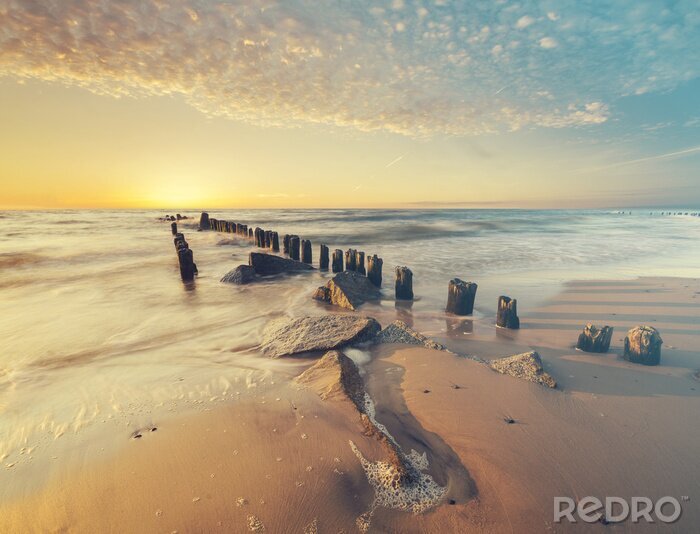 Fototapete Strand und Blick aufs Meer im Retro-Stil