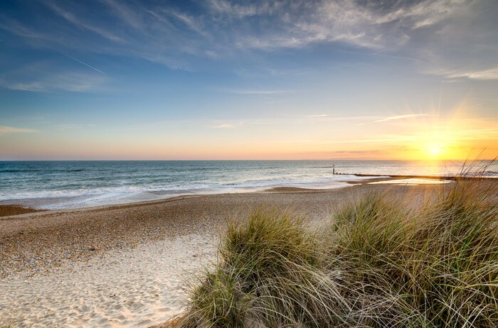 Fototapete Strand und Dünnen bei Sonnenuntergang