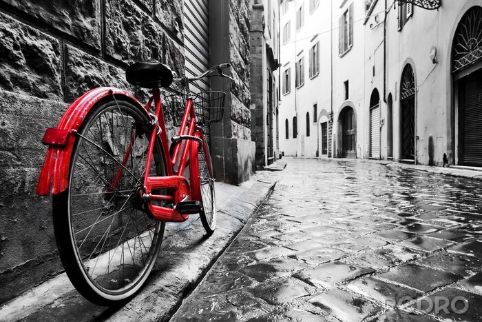Fototapete Straße in der Stadt und rotes Fahrrad