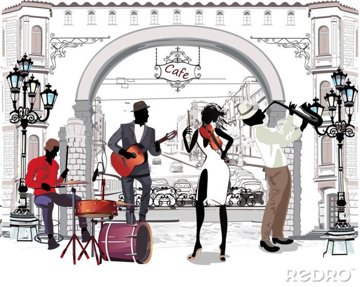 Fototapete Straßenmusikanten vor dem Hintergrund eines Stadttores