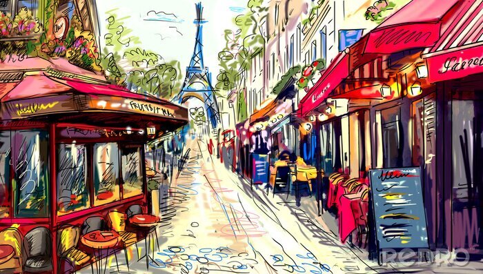 Fototapete Straßenrestaurants am Eiffelturm