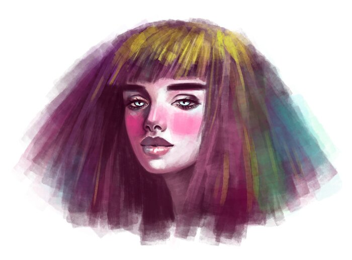 Fototapete stylish trendy modern female art portrait, abstract drawing, multicolor portrait on white background