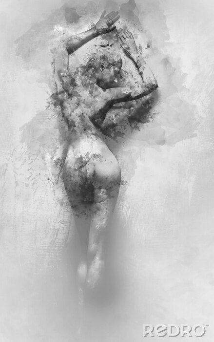 Fototapete Subtiler weiblicher Körper in grauer Aquarellmalerei