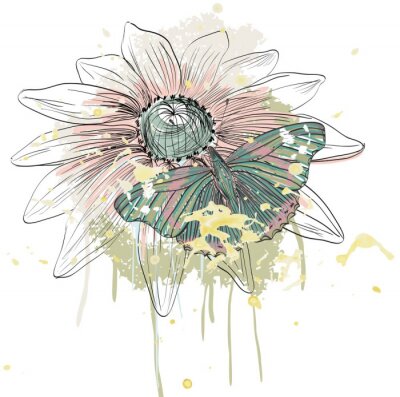 Fototapete Subtiles Muster mit Schmetterling und Sonnenblume