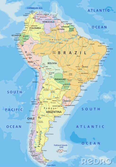 Fototapete Südamerika - Sehr detaillierte bearbeitbare politische Karte