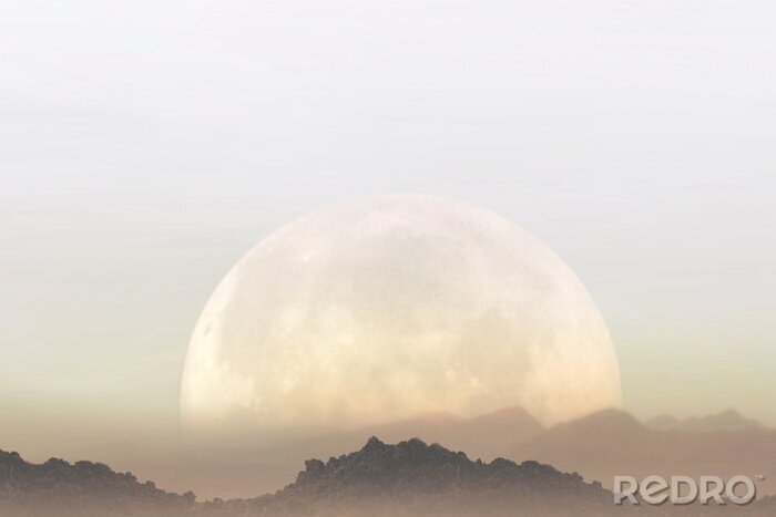 Fototapete Surreale Landschaft mit dem Mond, der die Berge beleuchtet