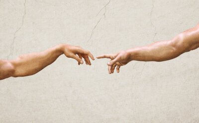 Fototapete Symbolische Berührung der Hände, künstlerische Komposition vor Betonhintergrund