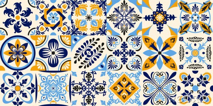 Fototapete Talavera pattern. Indian patchwork. Azulejos portugal. Turkish ornament. Moroccan tile mosaic. Ceramic tableware, folk print. Spanish pottery. Ethnic background. Mediterranean seamless wallpaper.