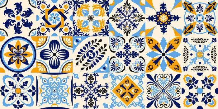 Fototapete Talavera pattern. Indian patchwork. Azulejos portugal. Turkish ornament. Moroccan tile mosaic. Ceramic tableware, folk print. Spanish pottery. Ethnic background. Mediterranean seamless wallpaper.