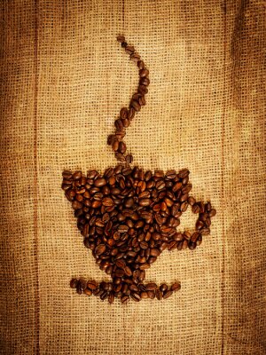 Fototapete Tasse Kaffee aus Bohnen angeordnet