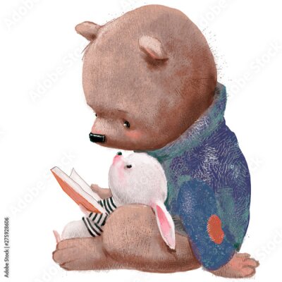 Teddybär und Häschen lesen ein Buch