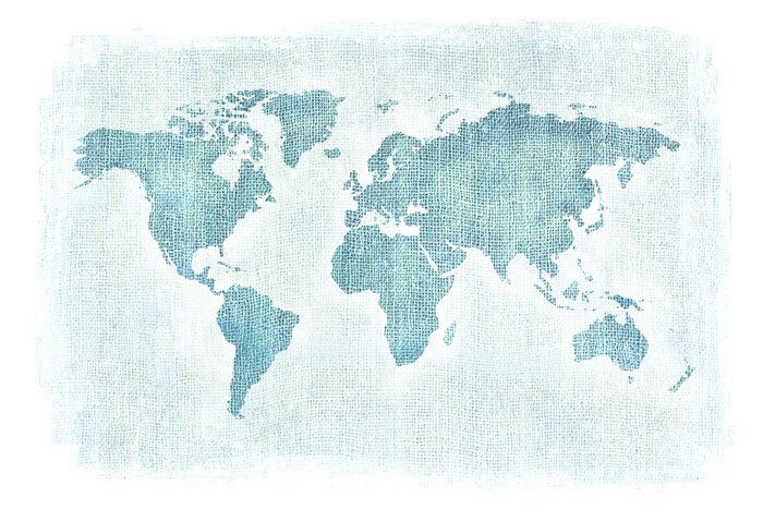 Fototapete Textured illustration of map of the world with burlap linen background. White edges. Vintage style with stained edges.
