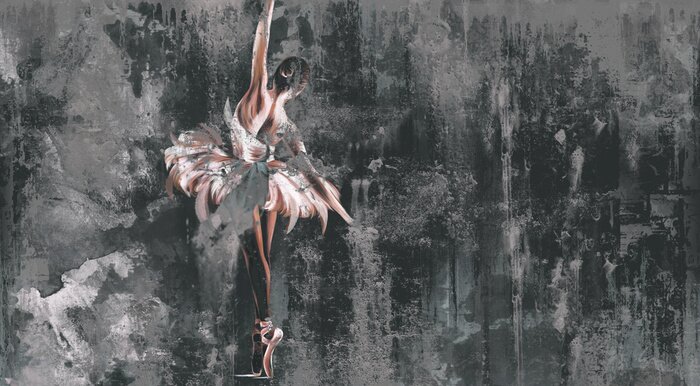 Fototapete Textured shabby and cracked wall on which a silhouette of a ballerina with watercolor elements is drawn, photo wallpaper