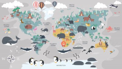Fototapete The world map with cartoon animals for kids, nature, discovery and continent name, ocean name, countries name. vector Illustration.