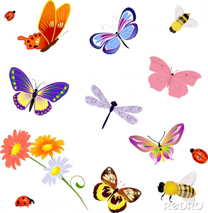 Fototapete Tiere bunte Grafik mit Schmetterlingen und fliegenden Insekten